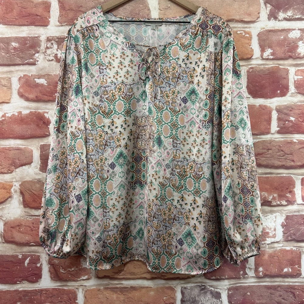 Chenault Top Women's 3X Multicolor Boho Floral Satin Peasant Sleeve Shirt